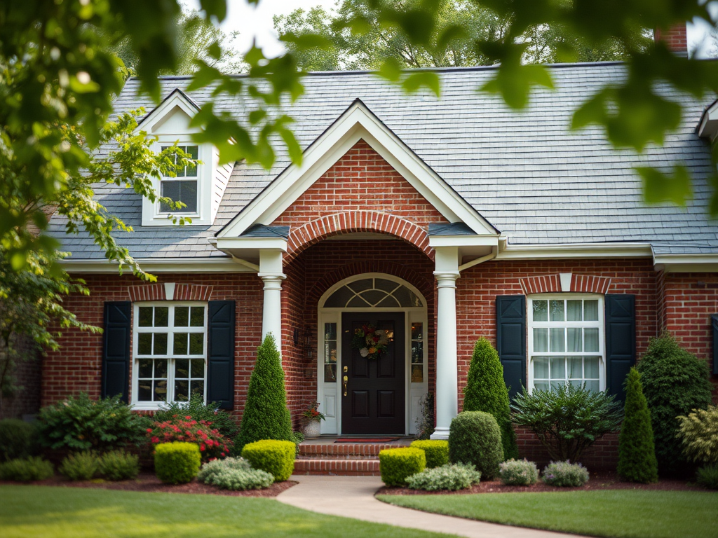 a beautifully landscaped brick home with an architectural shingle roof and white gutters