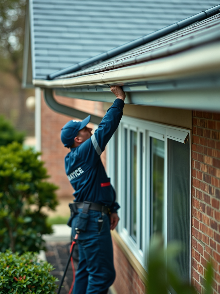 professional gutter business, showing workers installing seamless gutters on a residential home, branded uniforms, clean and tidy work site