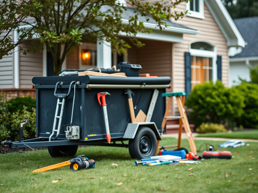 work trailer and tools in the front yard of a home where gutters are being replaced